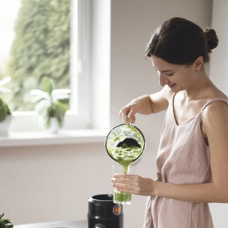 Frau trinkt Smoothy mit Daily Green - Sooperfood hilft beim Abnehmen